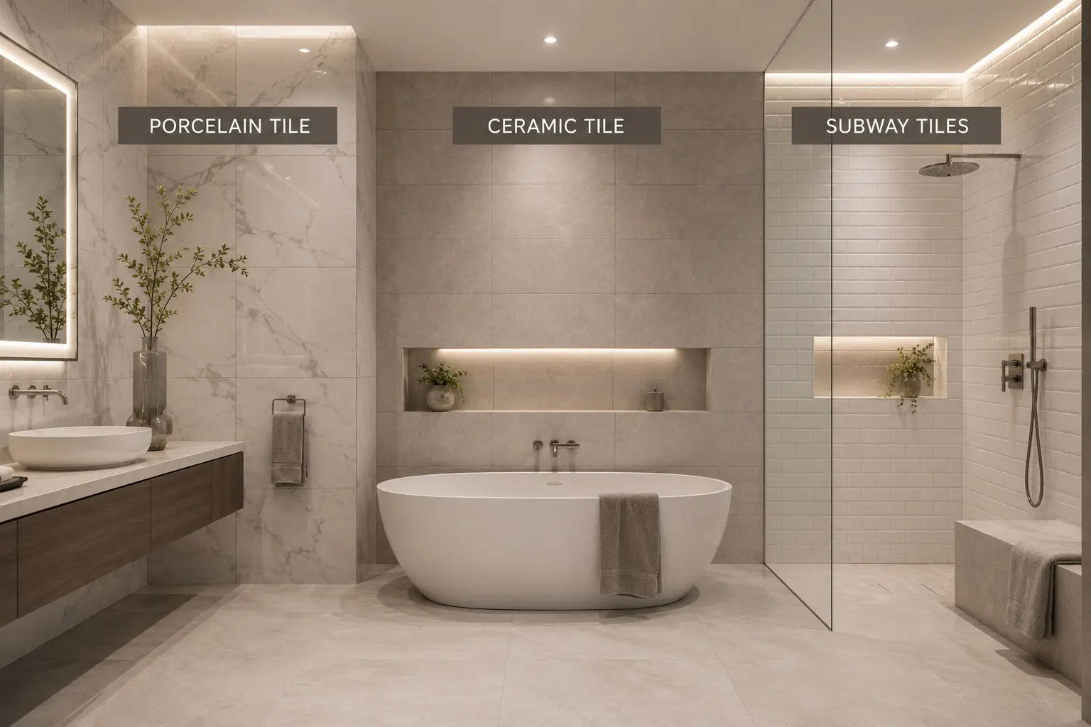 Conceptual rendering of a porcelain, ceramic and subway tile installed in a bathroom for minden homes