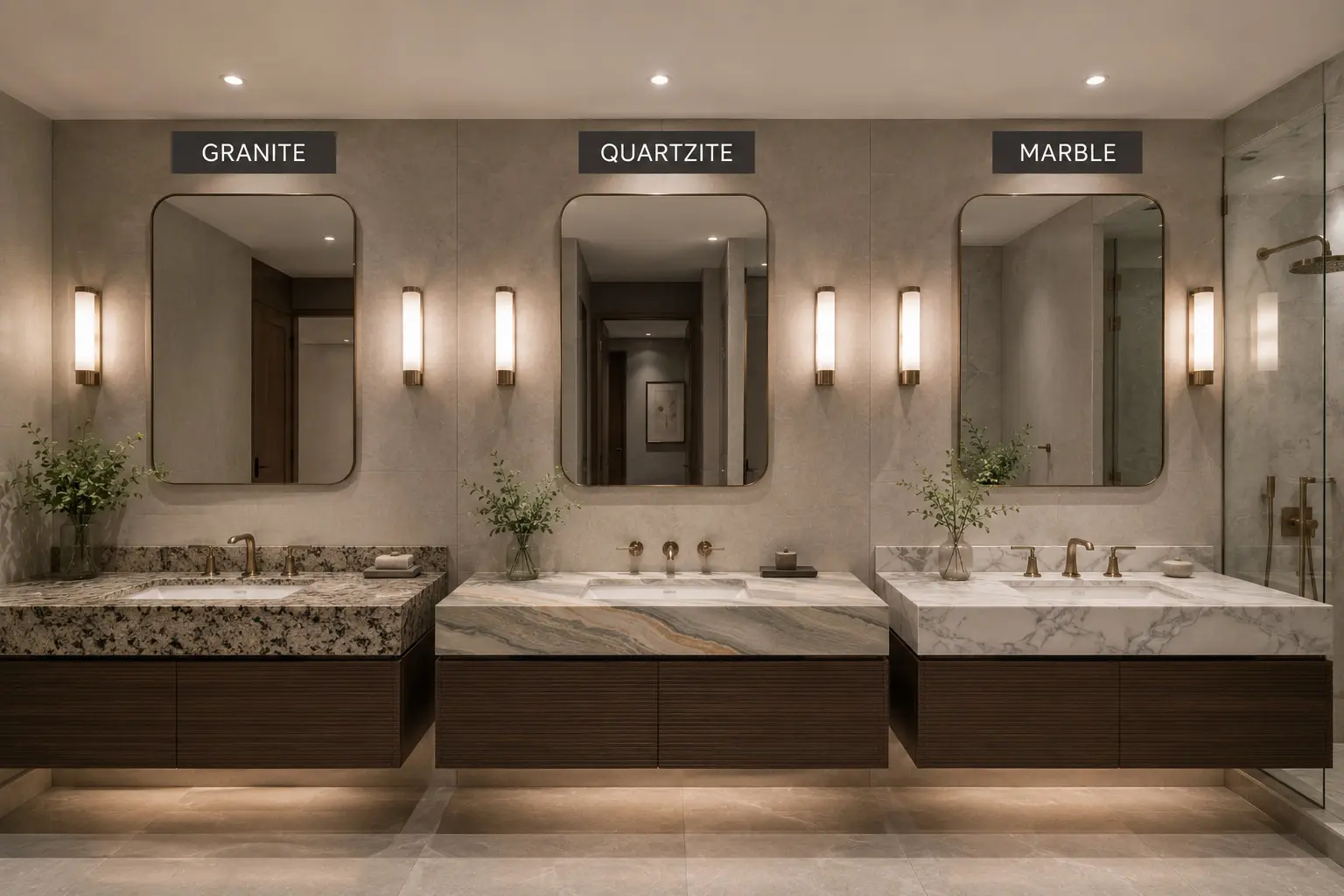 Conceptual rendering of a granite, quartzite, marble in a bathroom countertop for minden homes
