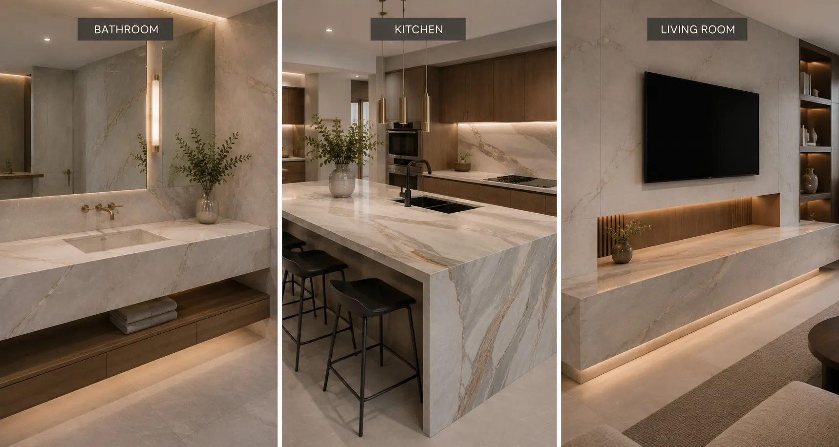 Conceptual rendering of a slab countertop for bathroom, kitchen and living room