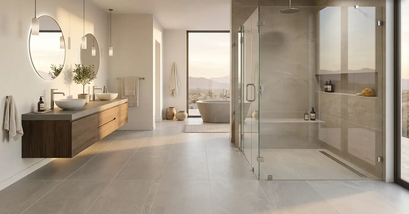 Conceptual rendering of a honed porcelain tile bathroom floor with large-format rectangular tiles and a frameless glass shower enclosure