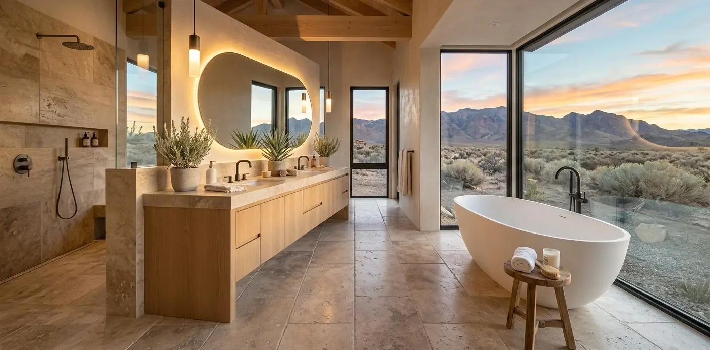 Conceptual rendering of a Fernley bathroom vanity with a polished granite countertop and undermount sink against warm-toned wall tile.