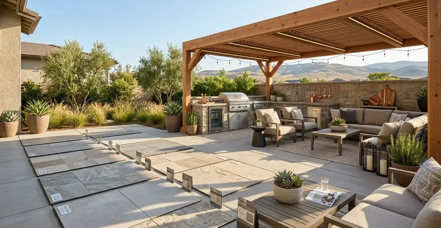 Conceptual rendering of a Fernley outdoor patio featuring porcelain and quartzite tile samples laid in direct sunlight beside a covered pergola seating area