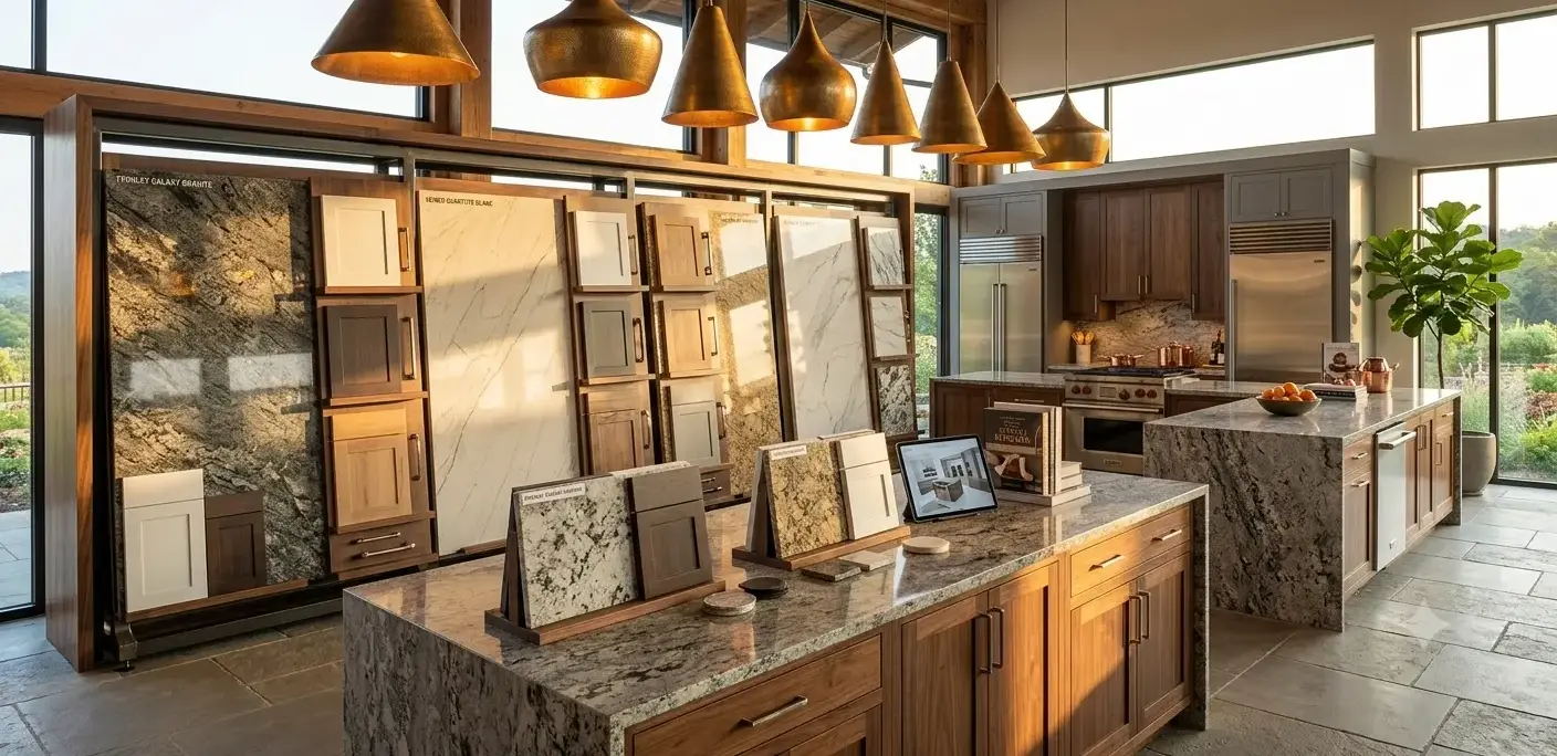 Conceptual rendering of a Fernley living space with leathered granite and polished quartzite slab samples displayed on a countertop surface for side-by-side comparison