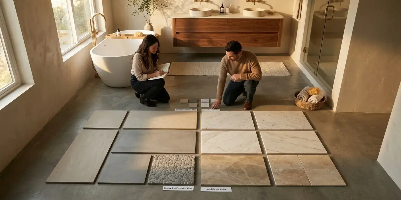 Conceptual rendering of a Fernley bathroom floor with porcelain and honed marble tile samples placed on the floor to compare traction and tone