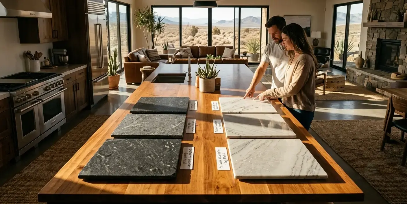 Conceptual rendering of a Fernley kitchen countertop displaying granite and quartzite slab samples arranged beside cabinet swatches under warm pendant lighting