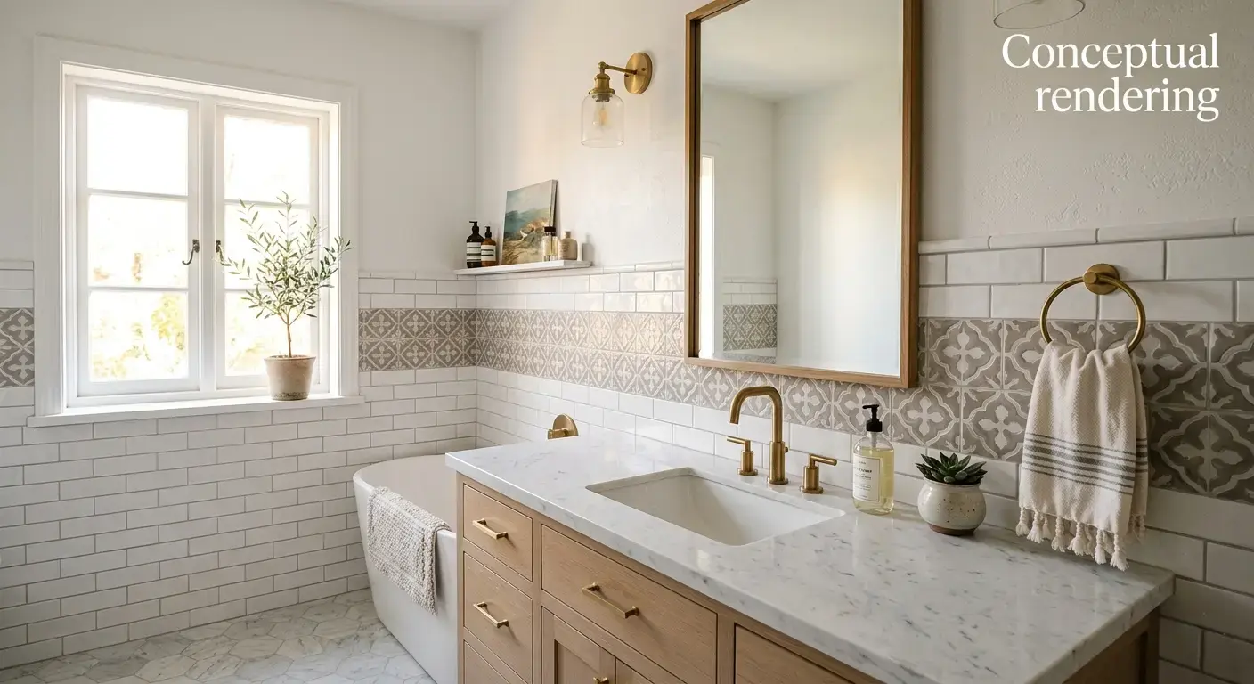 Conceptual rendering of porcelain tile backsplash in bathroom
