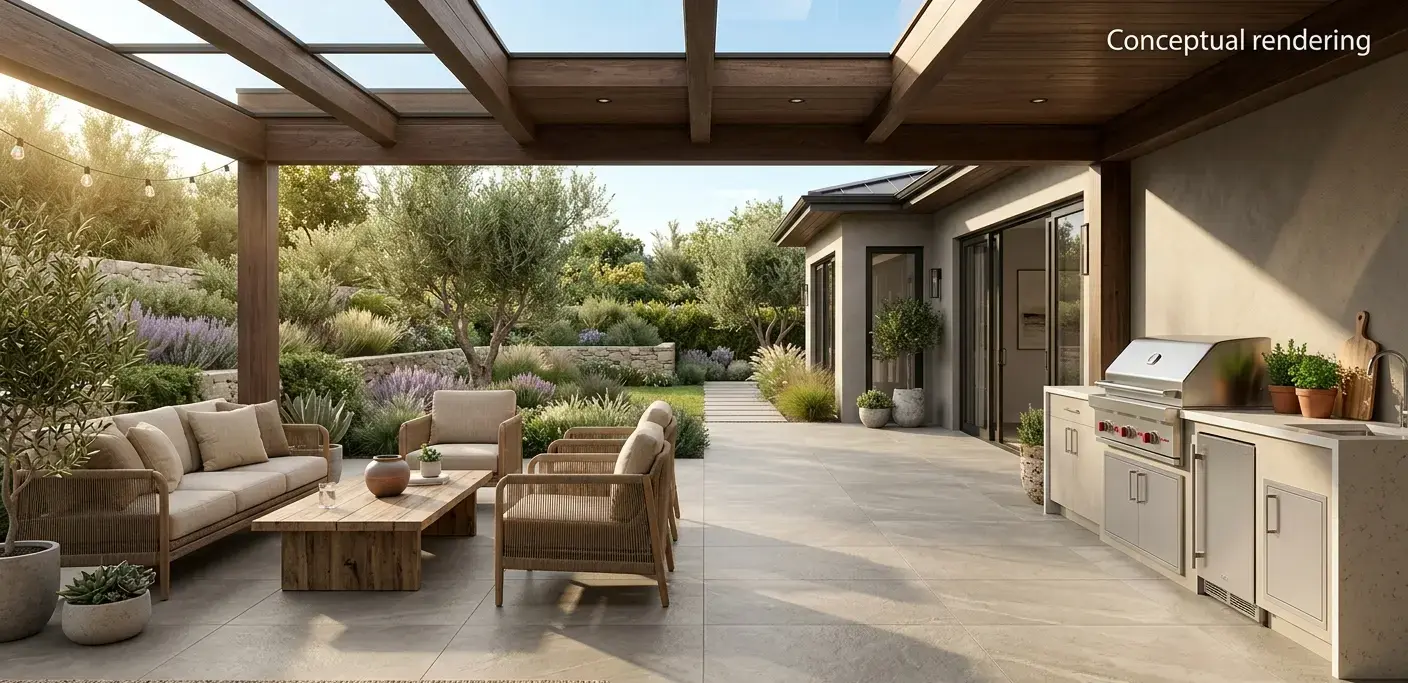 Conceptual rendering of matte porcelain slab covered patio