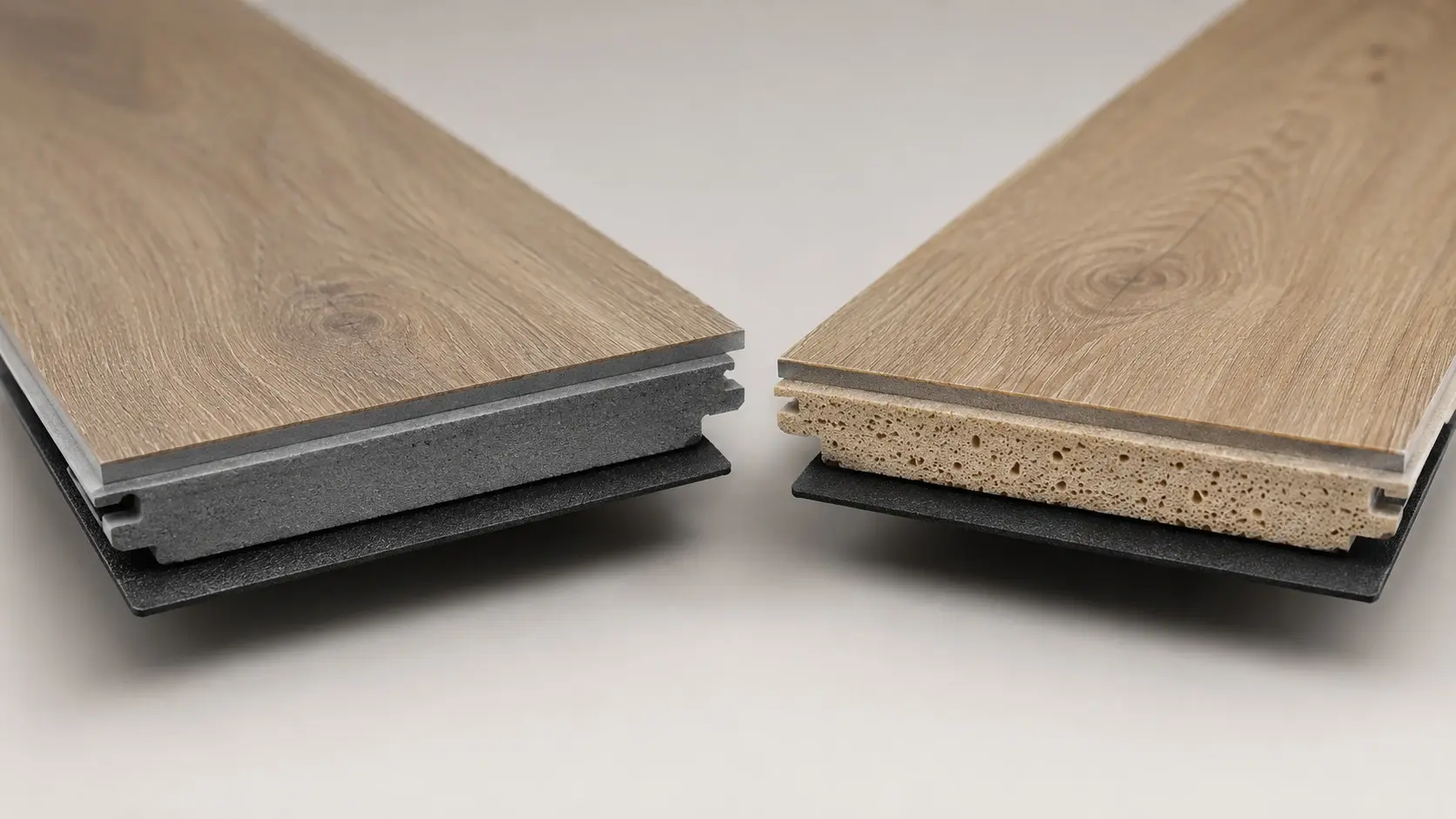 Conceptual rendering of Reno LVP flooring planks side by side showing SPC and WPC core cross-sections
