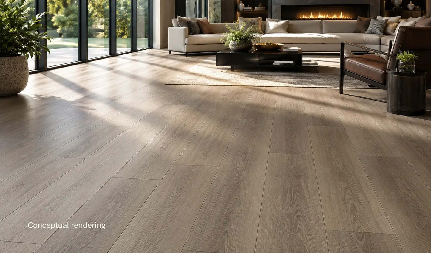 Conceptual rendering of modern interior with sunlight highlighting perfectly installed LVP flooring at Reno, NV