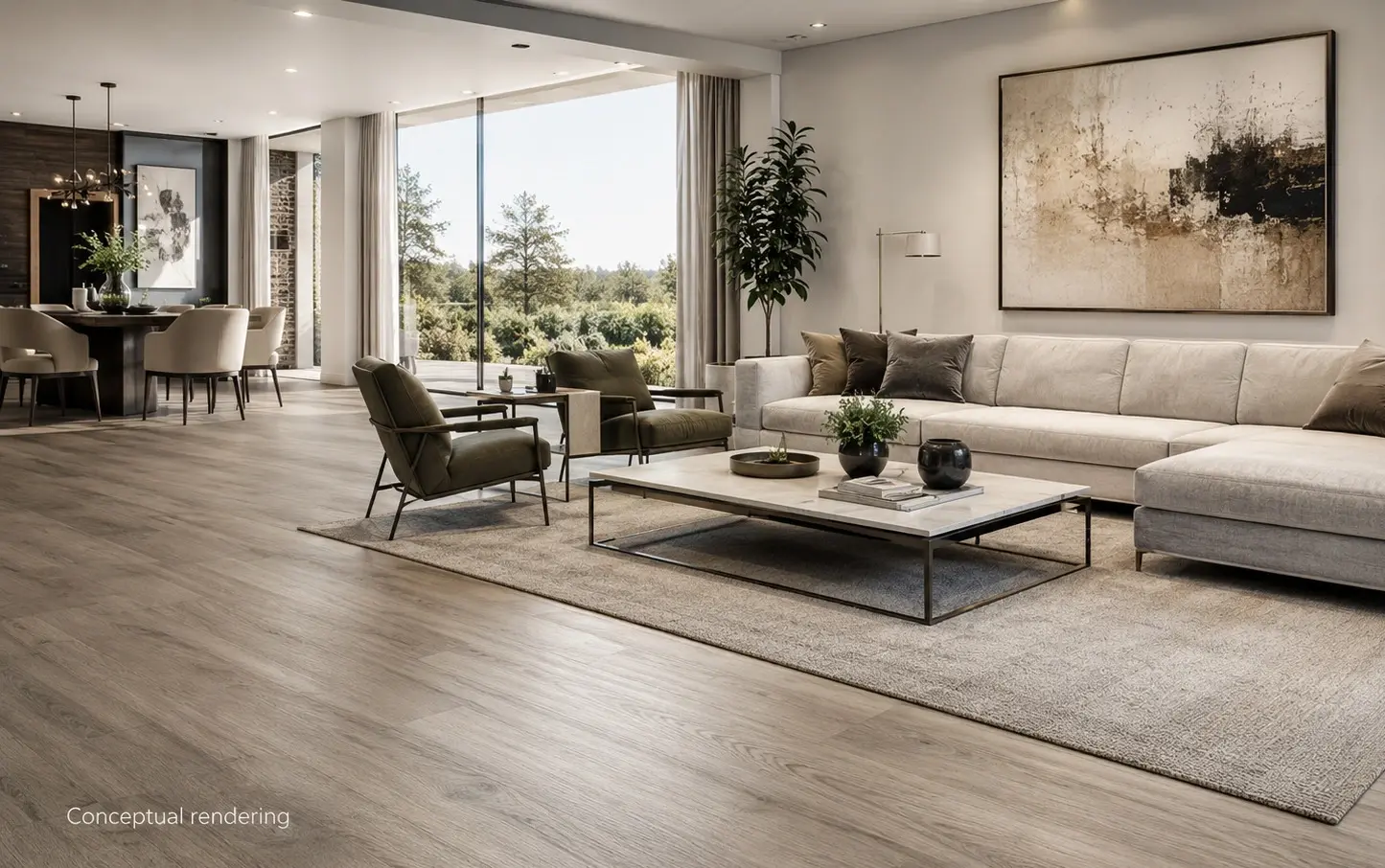 Conceptual rendering of luxury modern interior with wide-plank LVP flooring at Reno, NV