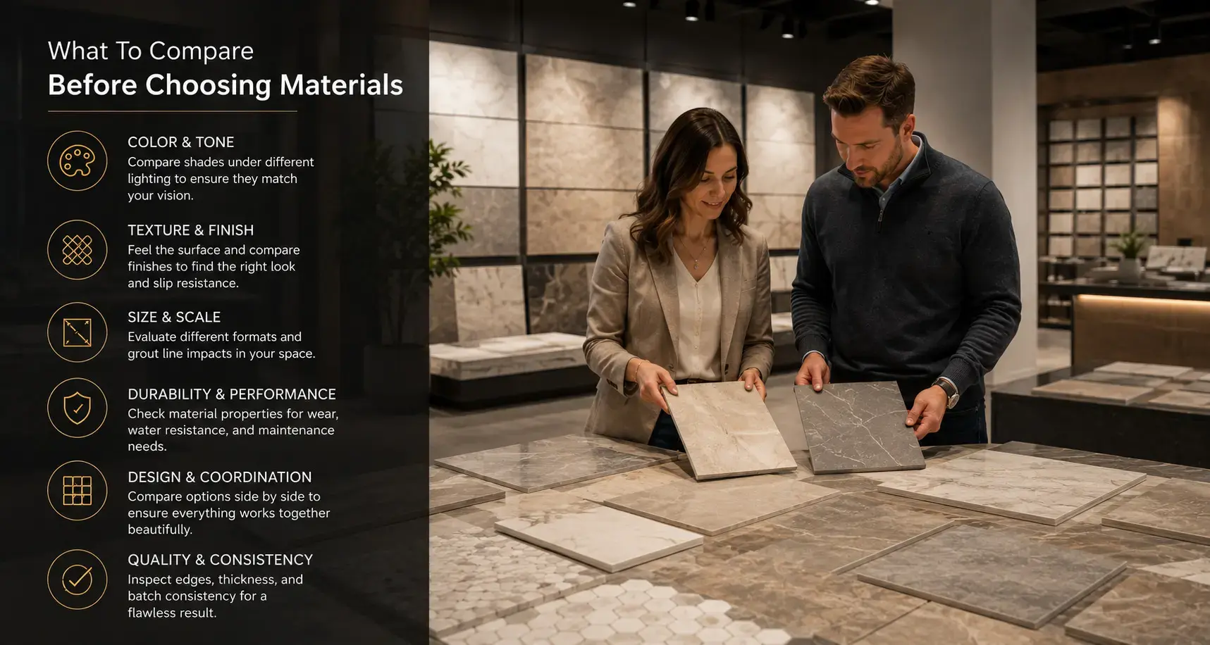Two people comparing tile samples at a stone and tile showroom in Minden, Nevada