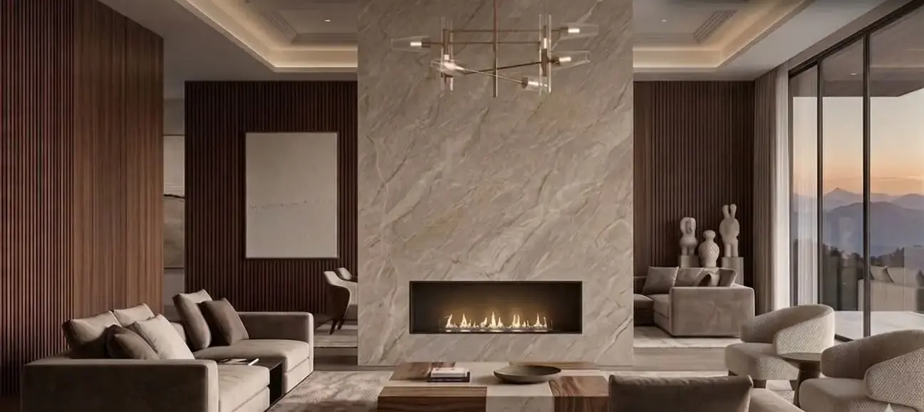 Conceptual rendering of living room featuring a grand Allure quartzite fireplace
