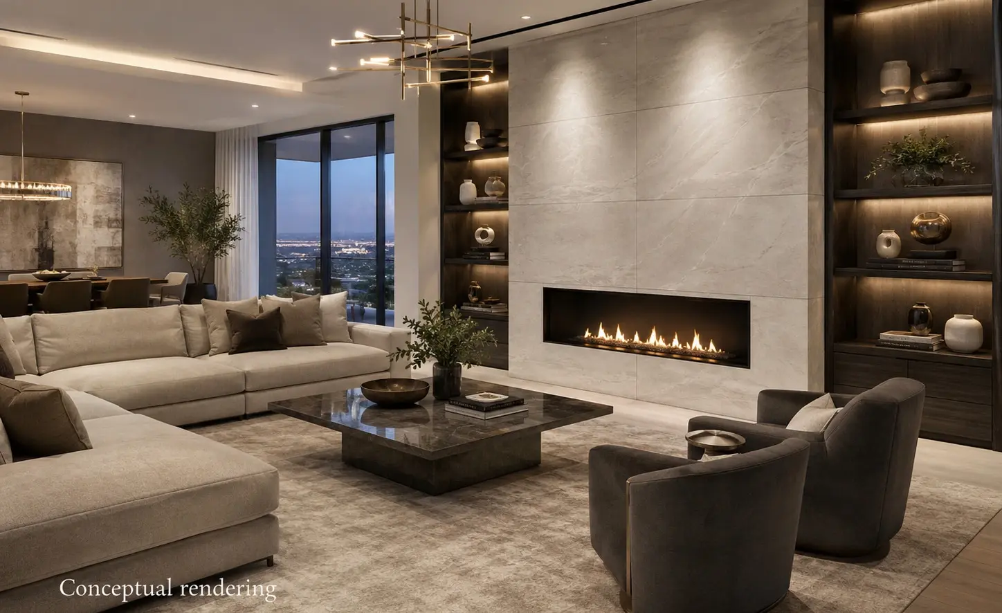 Conceptual rendering of living room interior featuring a fireplace with large format porcelain tile surround at Reno, NV