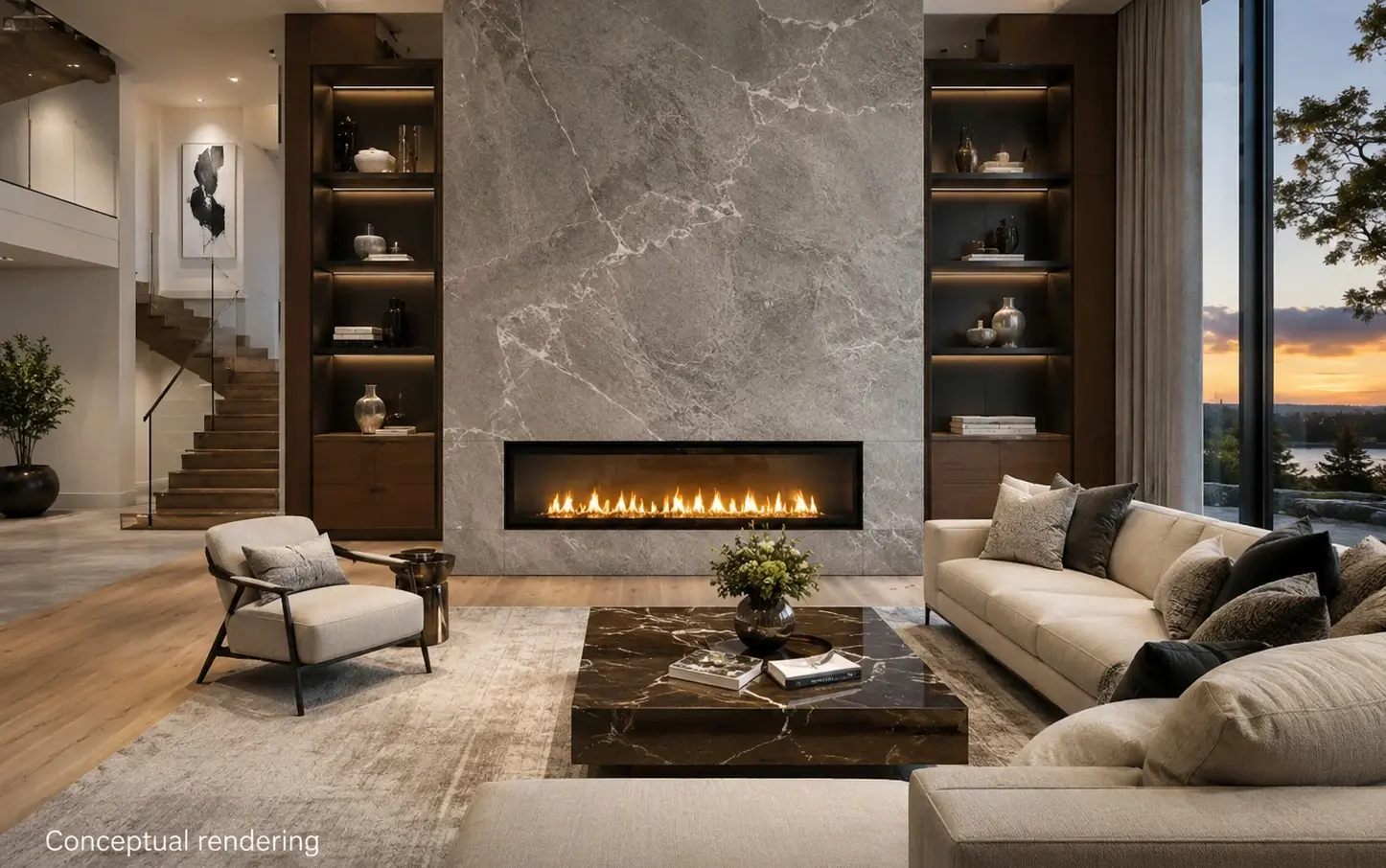 Conceptual rendering of stone look porcelain slab used as a fireplace surround in a modern luxury interior at Reno, NV