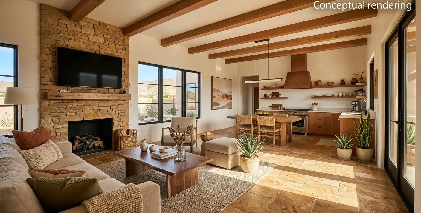 Conceptual rendering of a Fernley remodel living room with travertine floor tile in a warm earth tone and natural surface texture