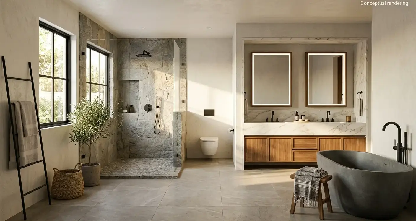 Conceptual rendering of a stone and tile bathroom featuring honed porcelain floor tile and a marble vanity surround for a Fernley remodel