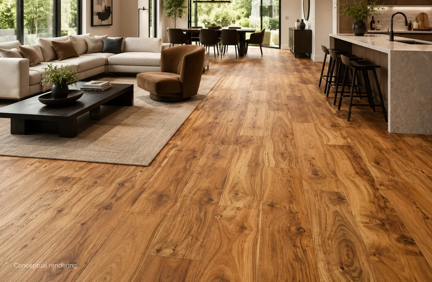 Conceptual rendering of luxury modern interior with wood plank flooring at Reno, NV