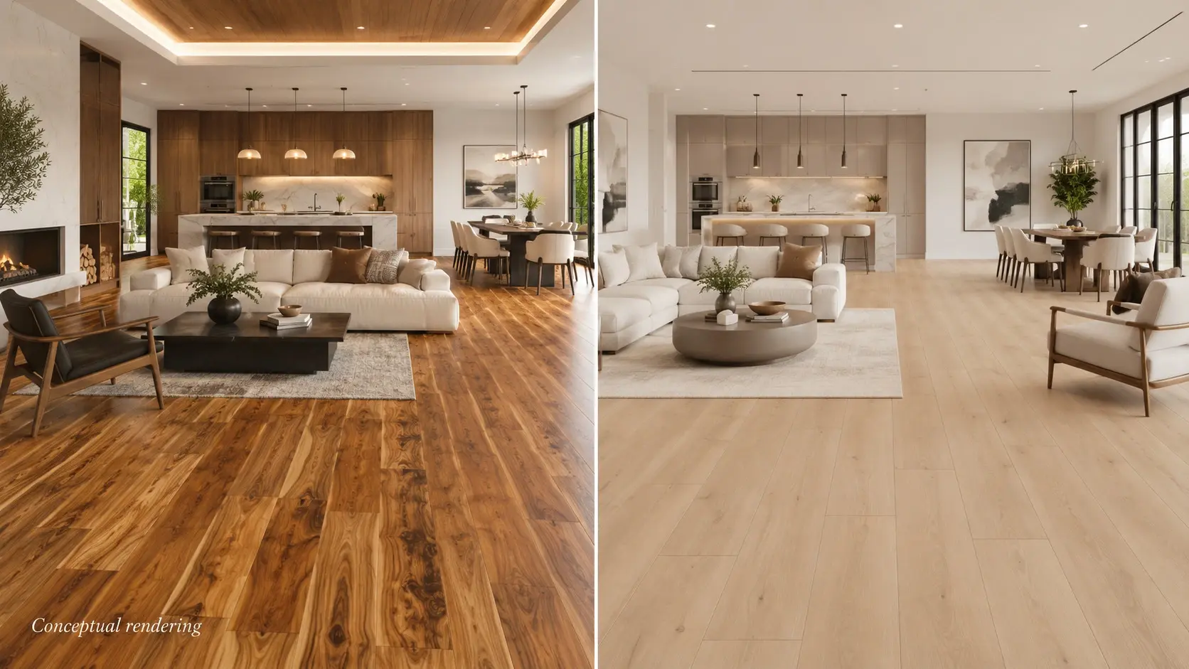 Conceptual rendering of Reno home interior comparison with wood plank flooring and LVP flooring