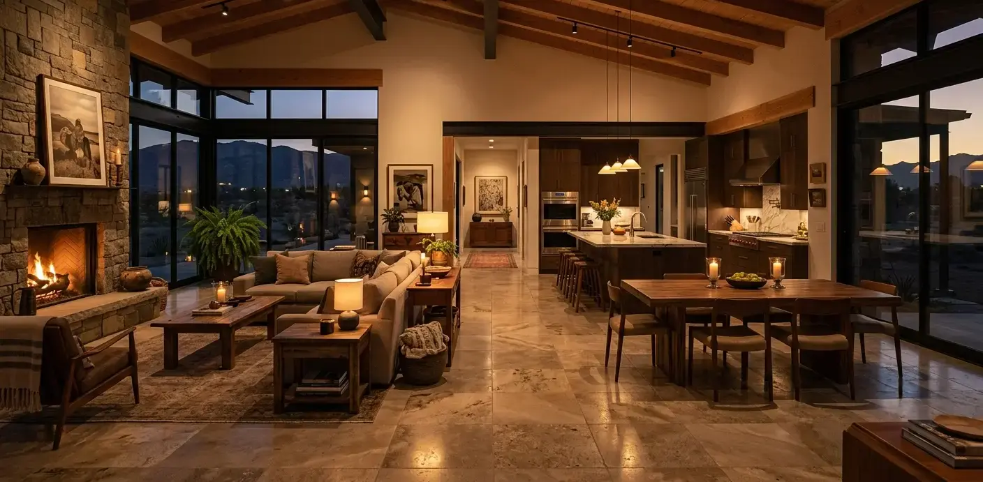 Conceptual rendering of an open-plan Fernley home with large-format quartzite tile and stone flooring throughout