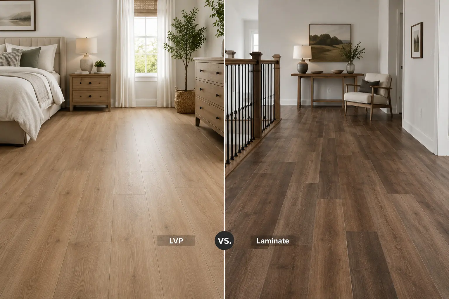 Conceptual rendering of a LVP VS. Laminate Flooring in Bedroom