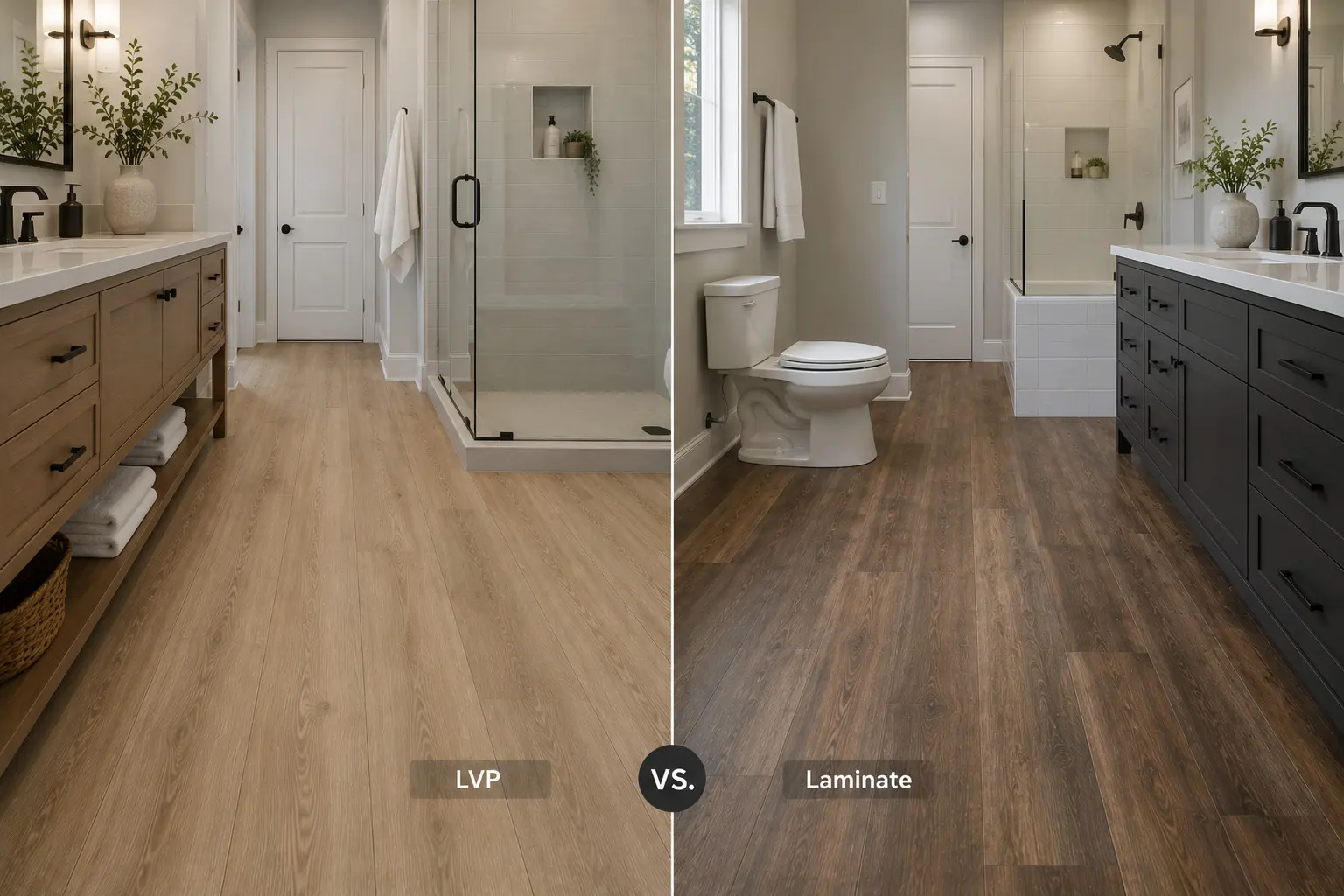 Conceptual rendering of a LVP VS. Laminate Flooring in Bathroom