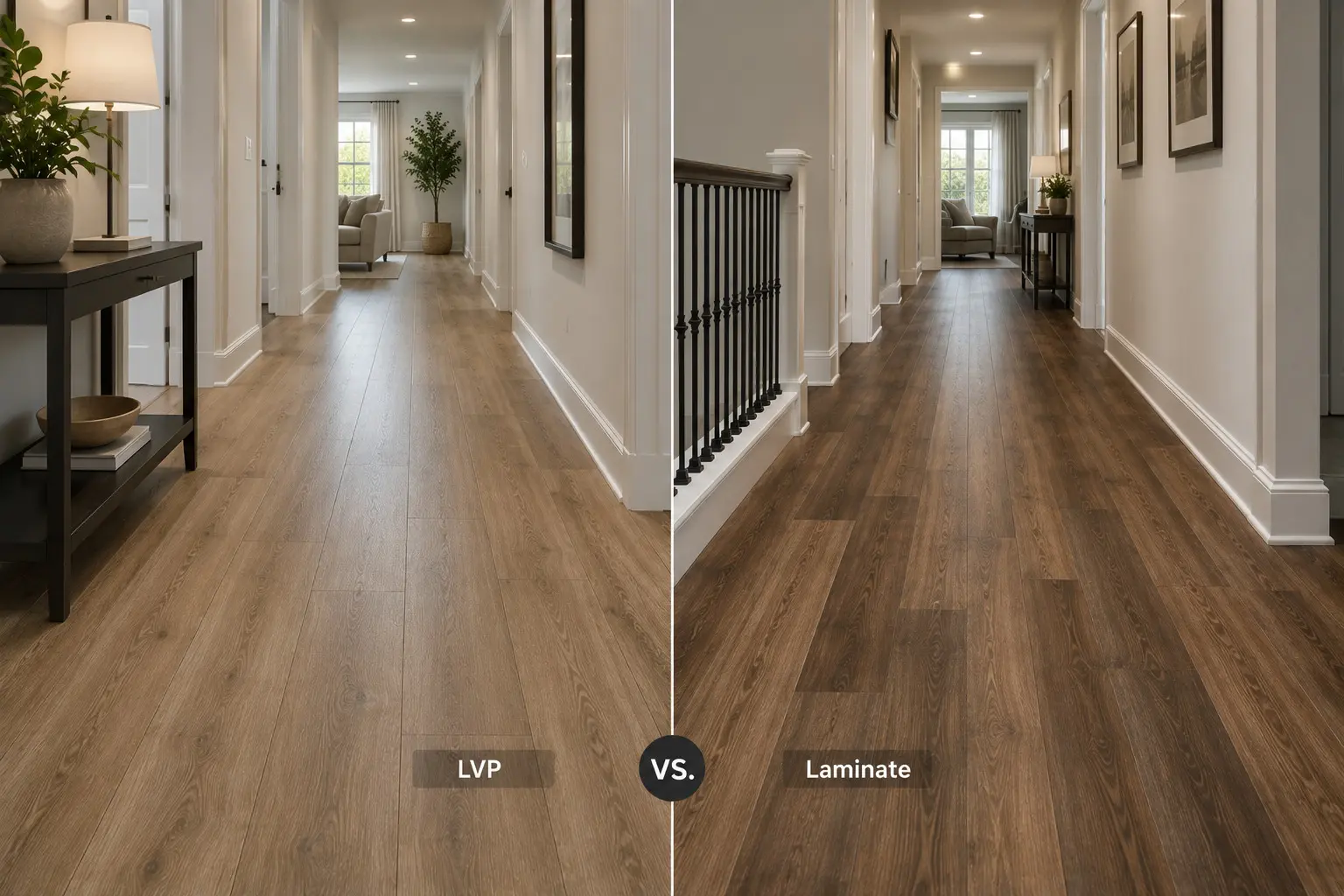 Conceptual rendering of a LVP VS. Laminate Flooring in Hallway.