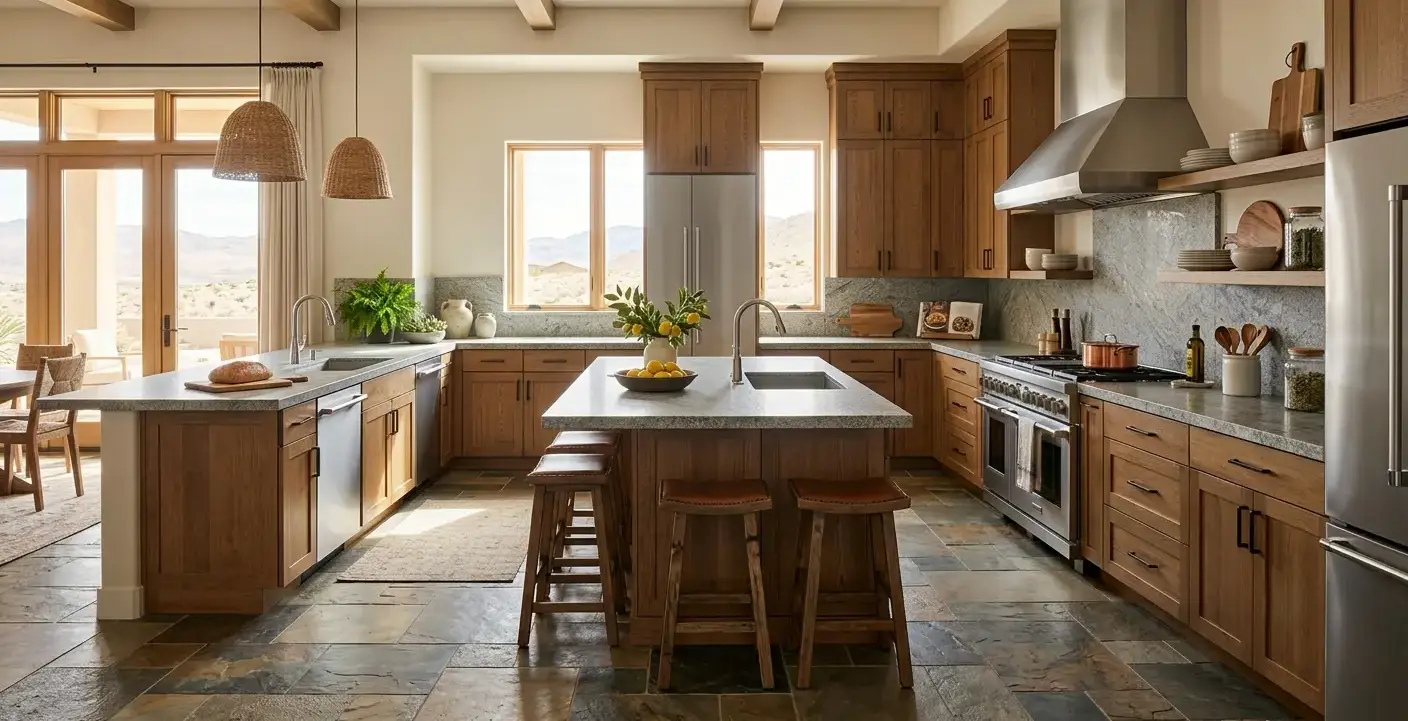 Conceptual rendering of a Fernley kitchen with honed granite tile and stone flooring paired with earthy cabinetry