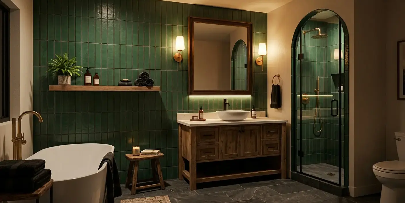 Conceptual rendering of Hunter Green Porcelain Tile installed on a bathroom accent wall