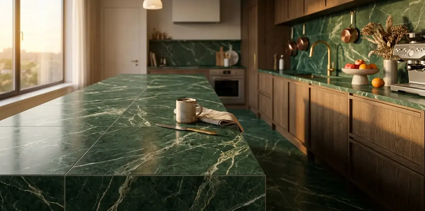 Conceptual rendering of Hunter Green Porcelain Tile close-up showing marble-look veining