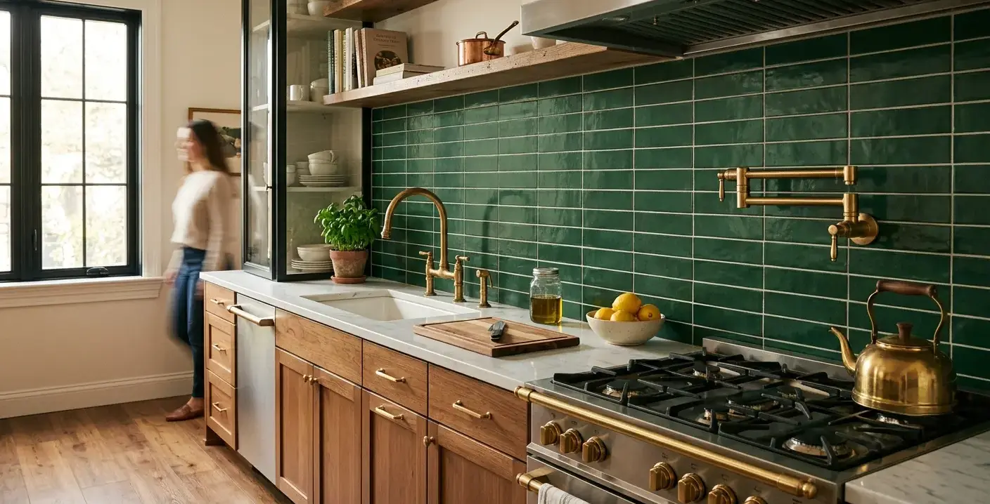 Conceptual rendering of Hunter Green Porcelain Tile on a kitchen backsplash with brass fixtures