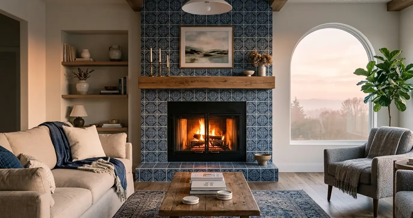 Conceptual rendering of Indigo Porcelain Tile on a living room fireplace surround