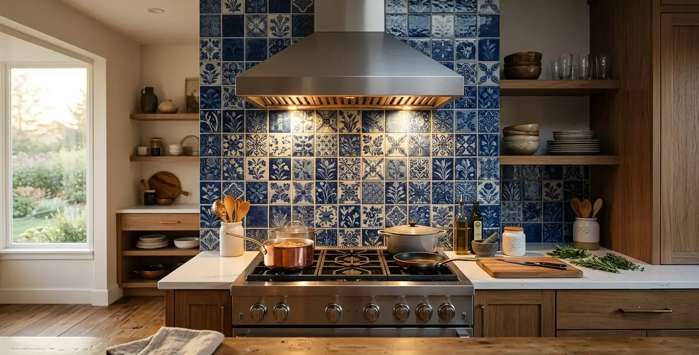 Conceptual rendering of Indigo Porcelain Tile as a vertical accent wall behind a range hood