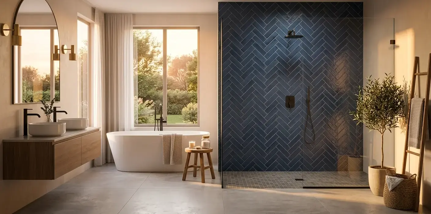 Conceptual rendering of Indigo Porcelain Tile in a herringbone bathroom shower wall layout