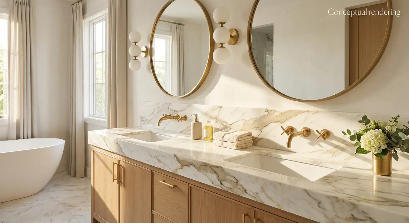 Conceptual rendering of calacatta gold marble in bathroom vanity