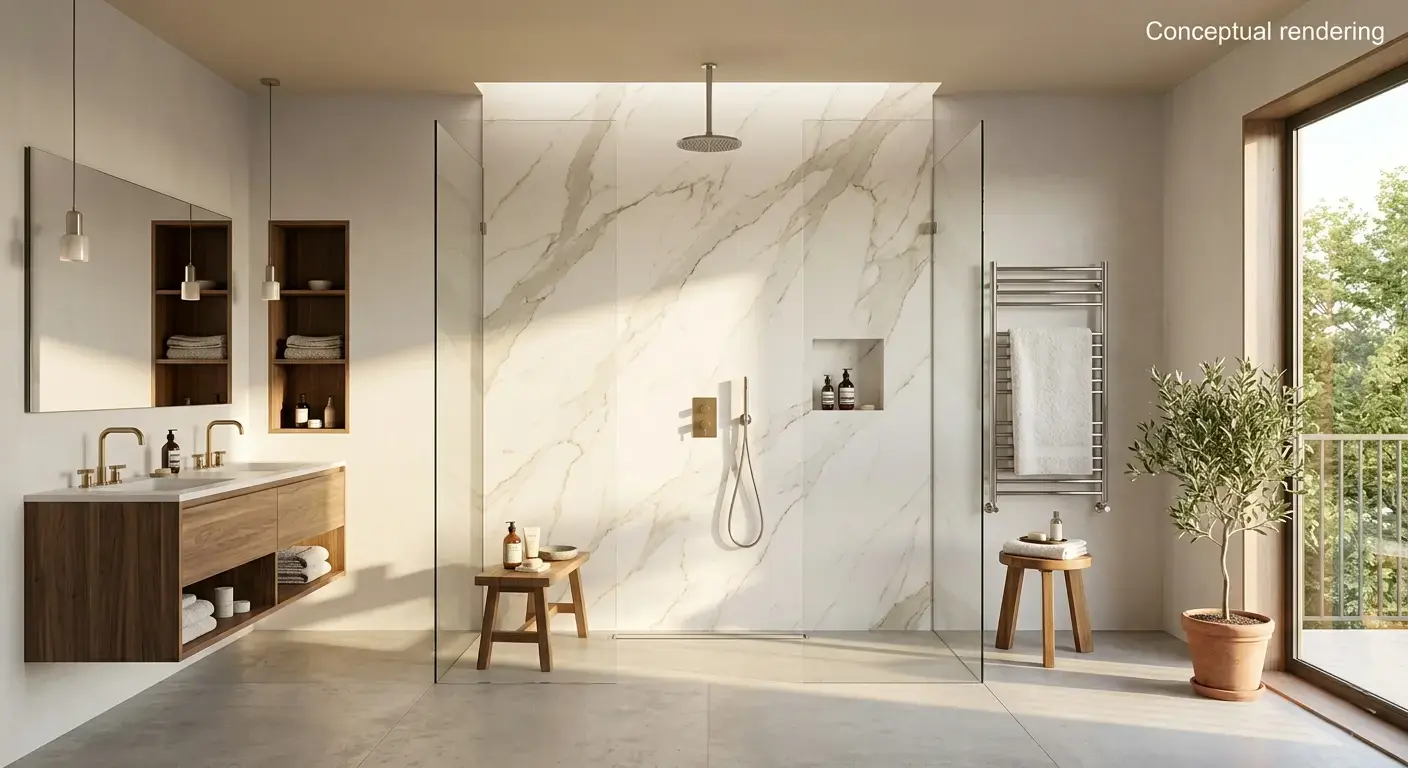 Conceptual rendering of porcelain slab in shower wall