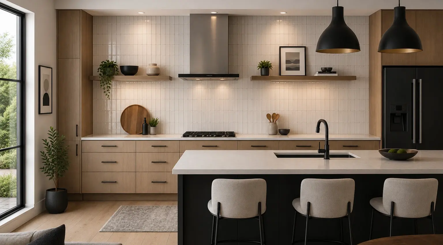 Conceptual rendering of modern kitchen interior featuring a sleek tile backsplash with minimalist design at Reno, NV