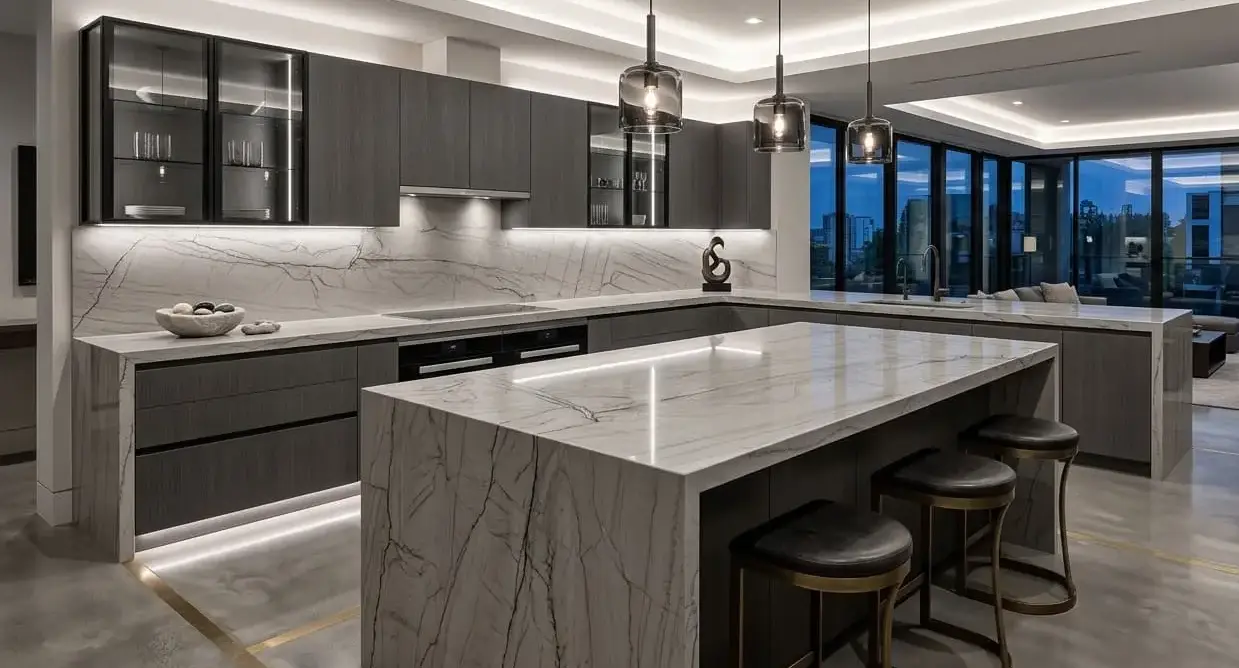 Conceptual rendering of kitchen with Zermatt quartzite countertops and backsplash at Reno NV
