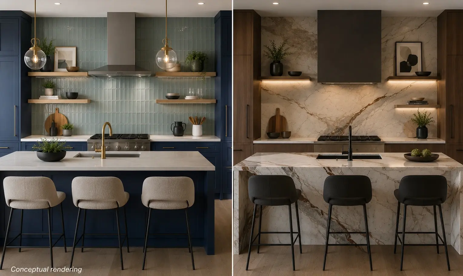 Conceptual rendering of kitchen comparison at Reno, NV featuring a tile backsplash and a slab backsplash in two distinct design styles