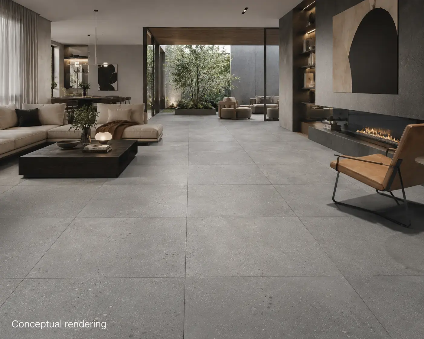 Conceptual rendering of modern living room featuring concrete look porcelain tile flooring