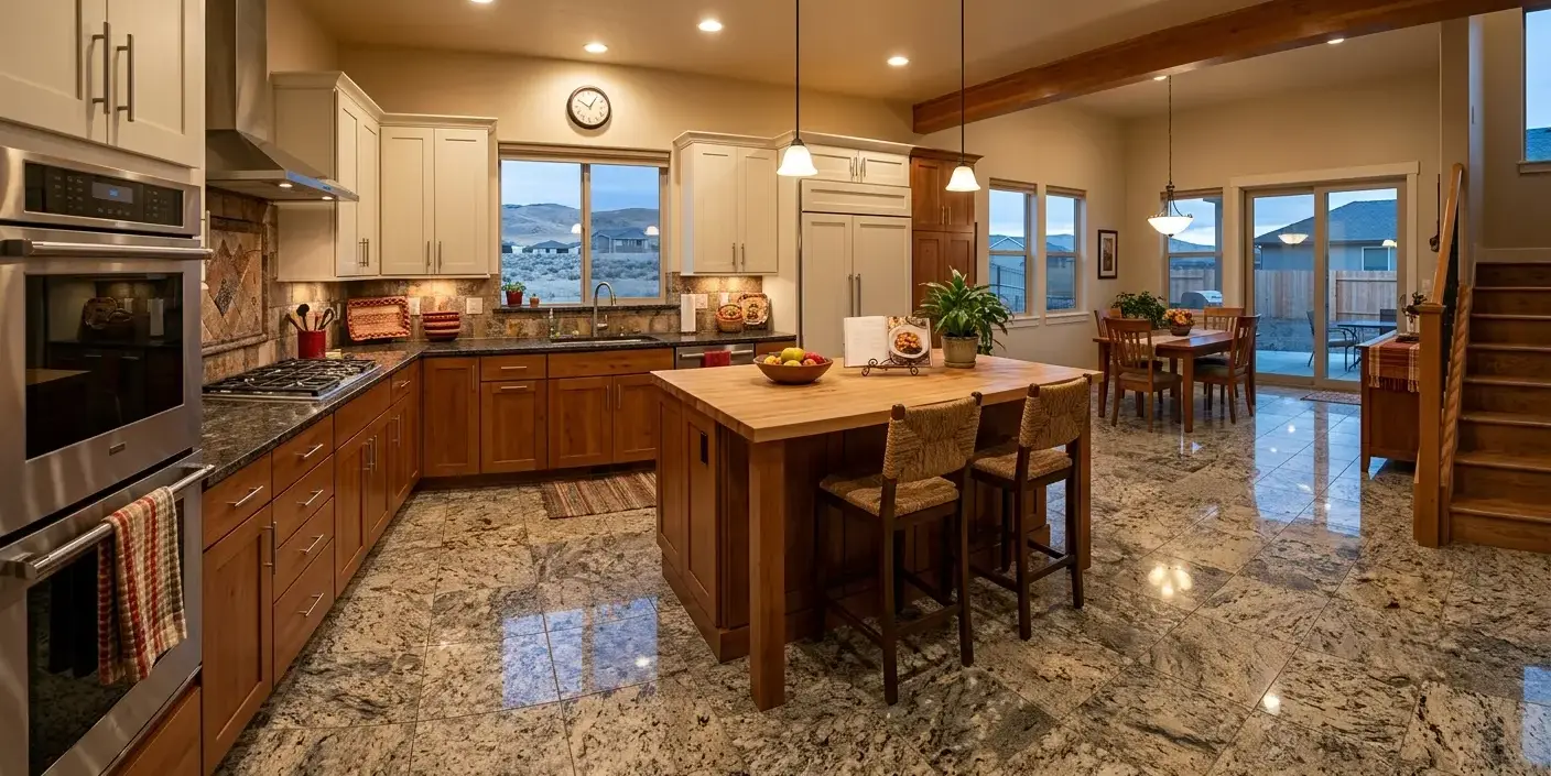 Conceptual rendering of a granite flooring kitchen floor in a Fernley home