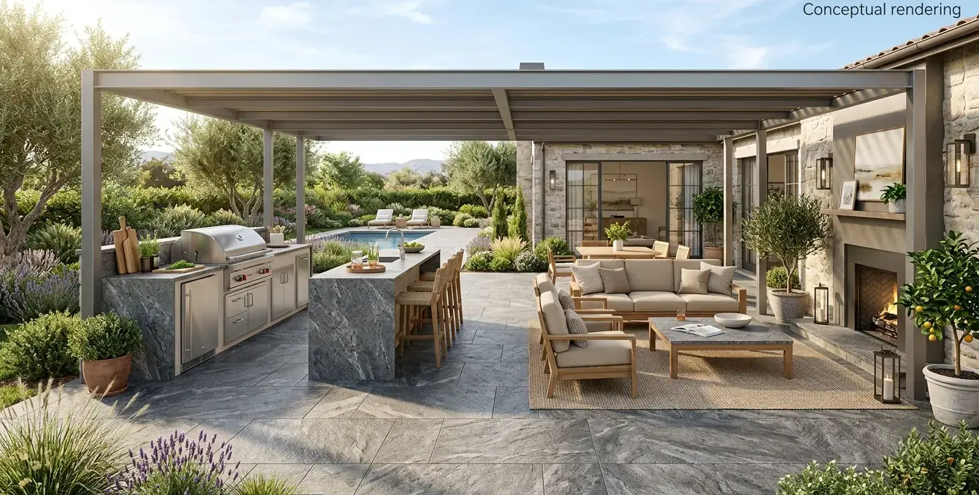 Conceptual rendering of a granite flooring patio with a leathered finish in full sun