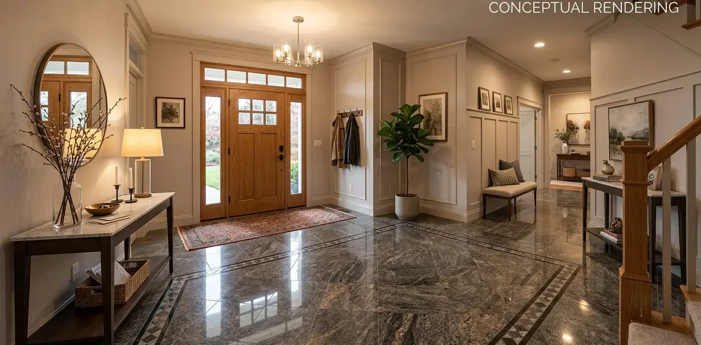 Conceptual rendering of a granite flooring entryway with a polished finish and trim