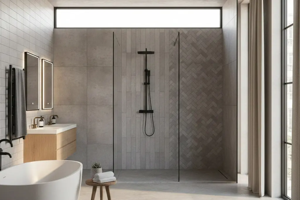 Conceptual Rendering of a Different Layout Patterns of Subway Tiles in Bathroom
