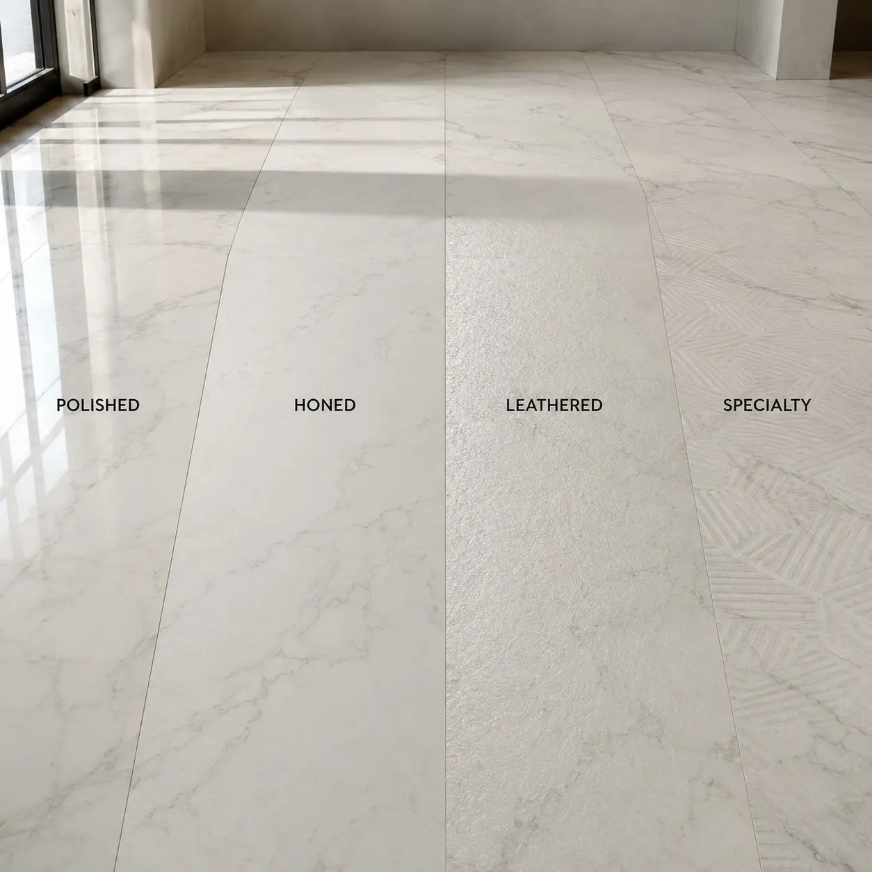 Conceptual rendering of 4 finishes of marble look porcelain flooring