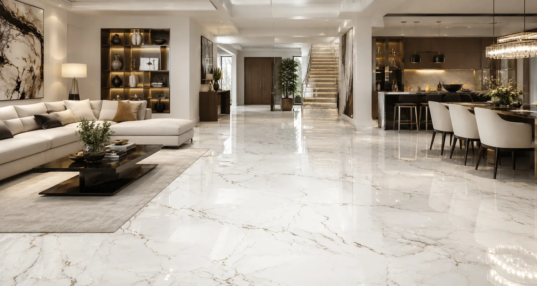 Conceptual rendering of a marble look porcelain flooring