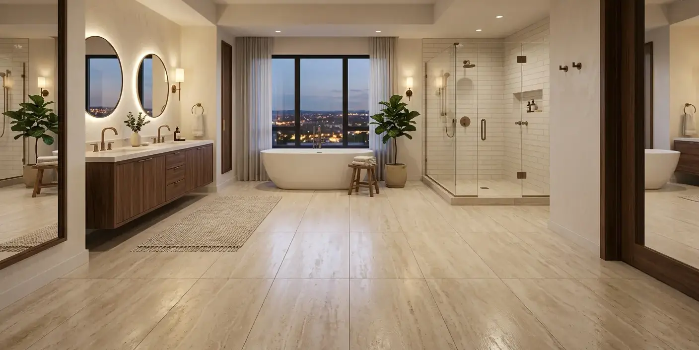 Conceptual rendering of large format porcelain floor tile installed in a spacious bathroom with warm white wall accents