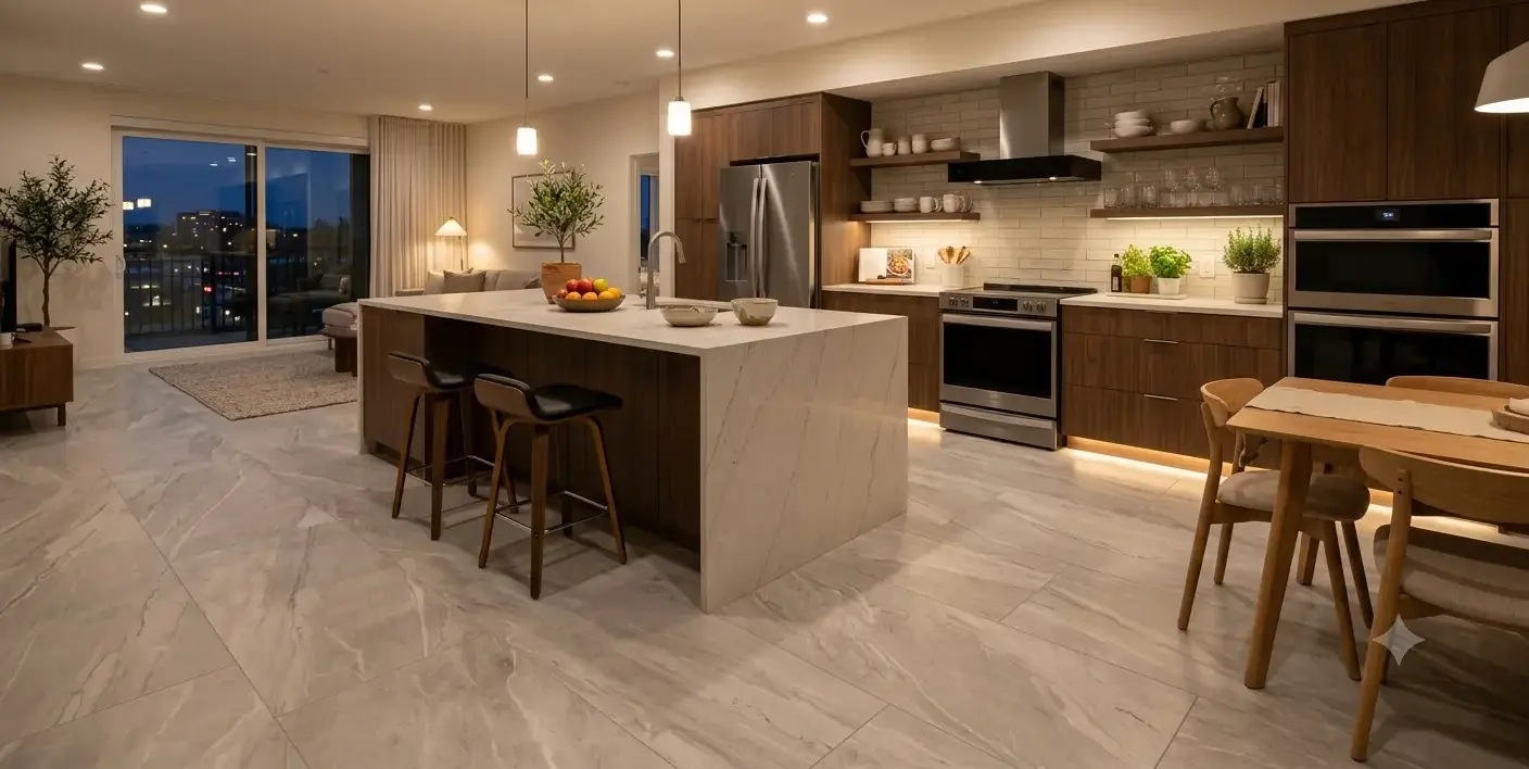 Conceptual rendering of large format porcelain floor tile in light gray with marble-inspired veining across a modern kitchen floor