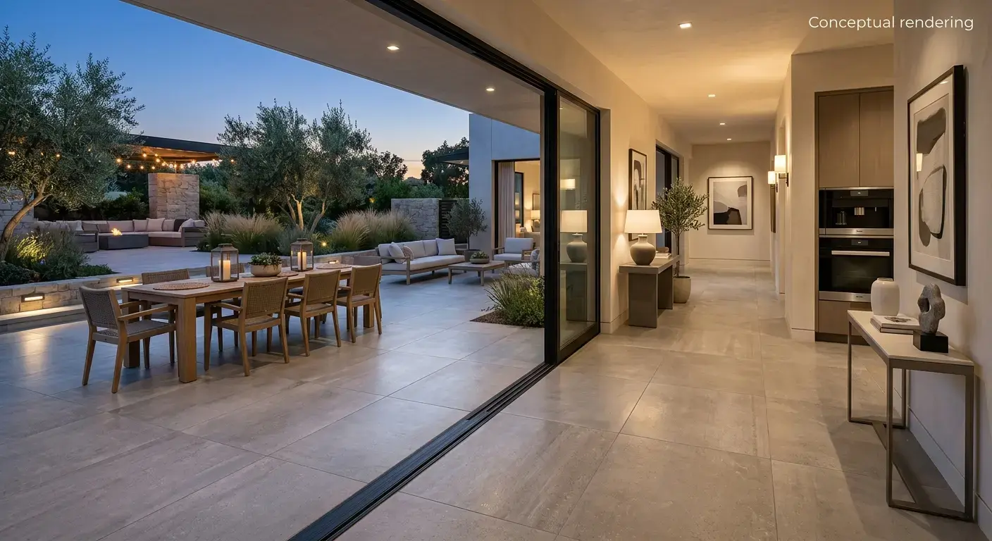 Conceptual rendering of large format porcelain floor tile extending from an interior hallway to an outdoor patio area