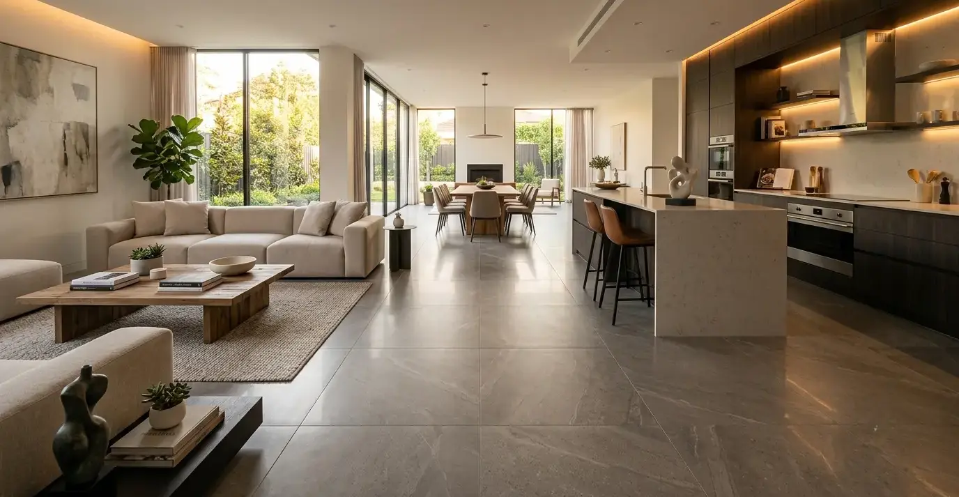 Conceptual rendering of large format porcelain floor tile in an open-plan contemporary living room with minimal grout lines