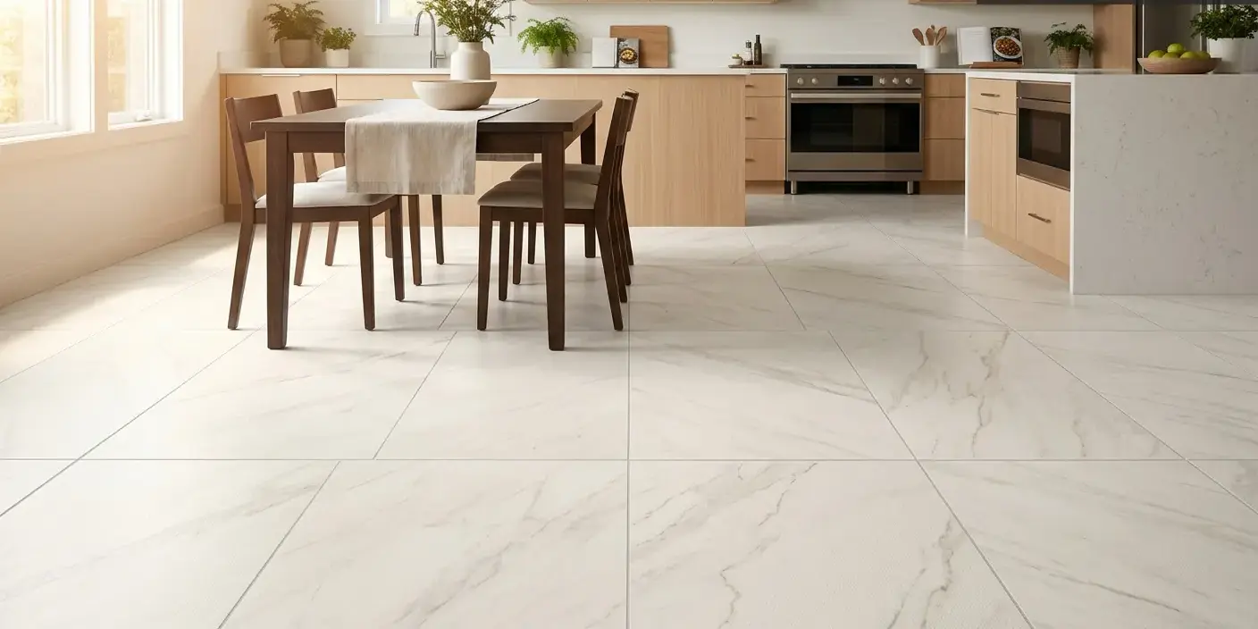 Conceptual rendering of large format porcelain floor tile close-up showing subtle marble veining detail and matte finish